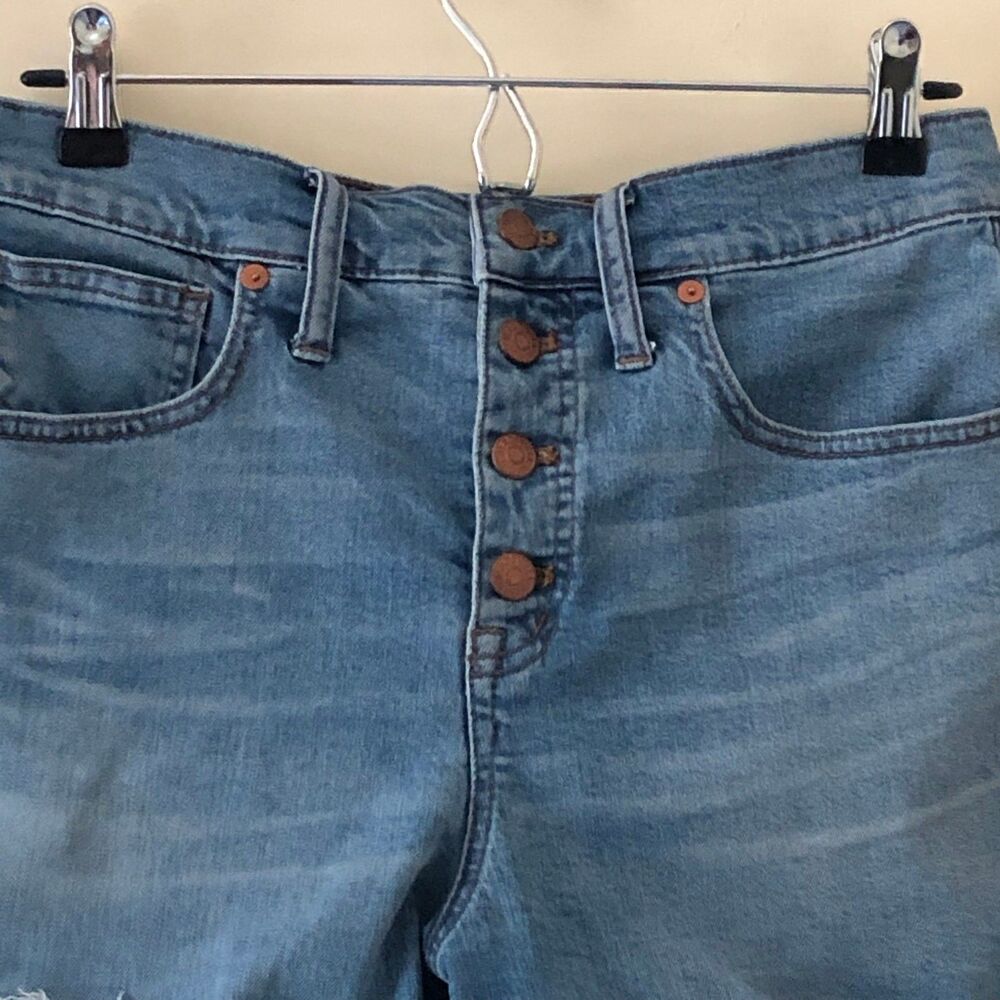 Madewell Shorts High-Rise Button Fly Blue Cut Off Stretch Raw Hem size 27